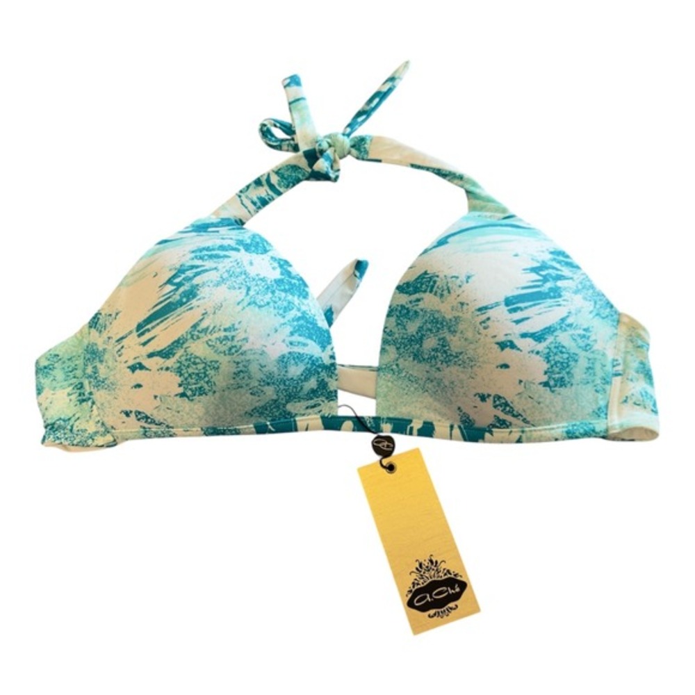 A.Che Womens Teal White Abstract Print Halter Bikini Top Size Large NWT